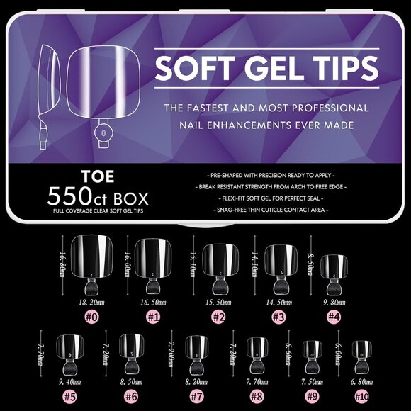 Toe Nail Tips, 550PCS Full Cover Clear Soft Gel Tips, 11 Sizes Toe False Nails - Picture 1 of 4